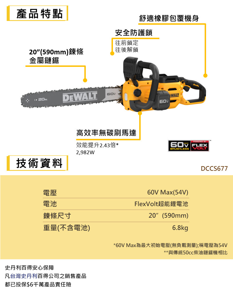 60V MAX 20無碳刷鏈鋸機(單電4.0Ah) DCCS677Y1