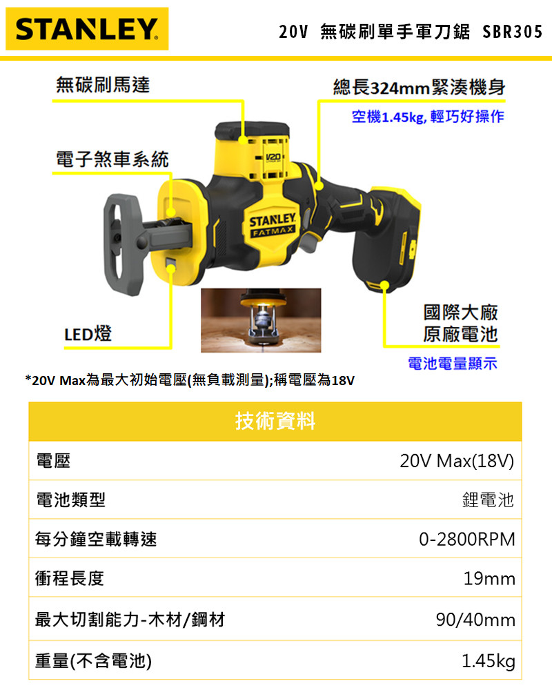 美國 史丹利 STANLEY 20V 無碳刷單手軍刀鋸(空機.紙盒版) SBR305