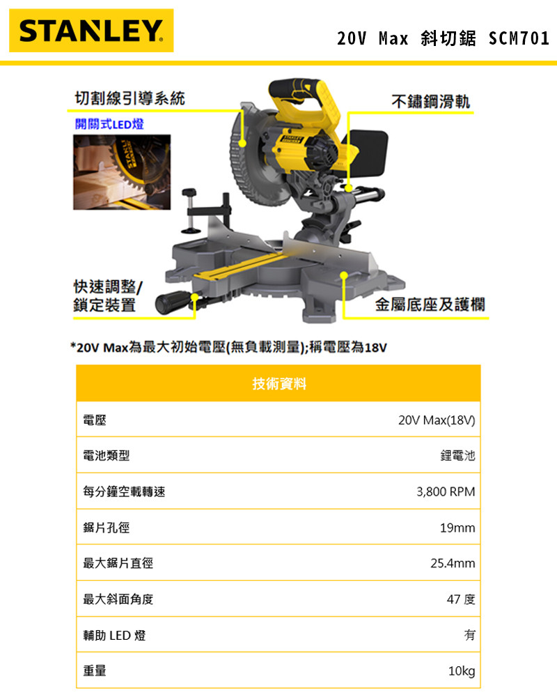 美國 史丹利 STANLEY 20V Max 斜切鋸(空機) SCM701