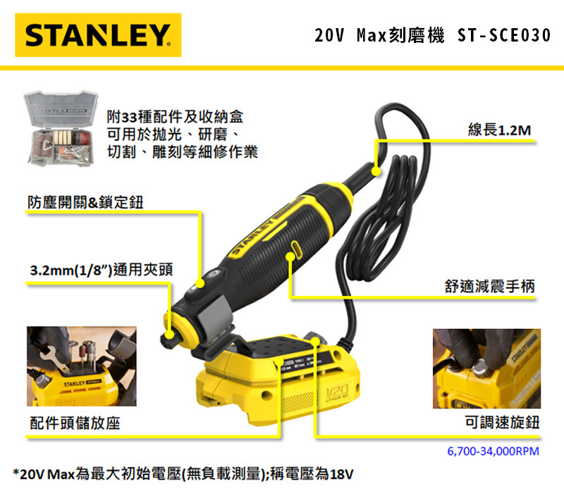 美國 史丹利 STANLEY 20V Max刻磨機 空機.紙盒 SCE030-KR