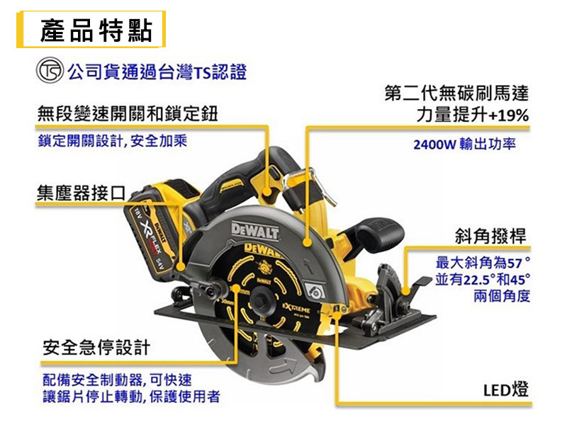 60V 無碳刷190mm圓鋸機(雙電3.0Ah) DCS578X2