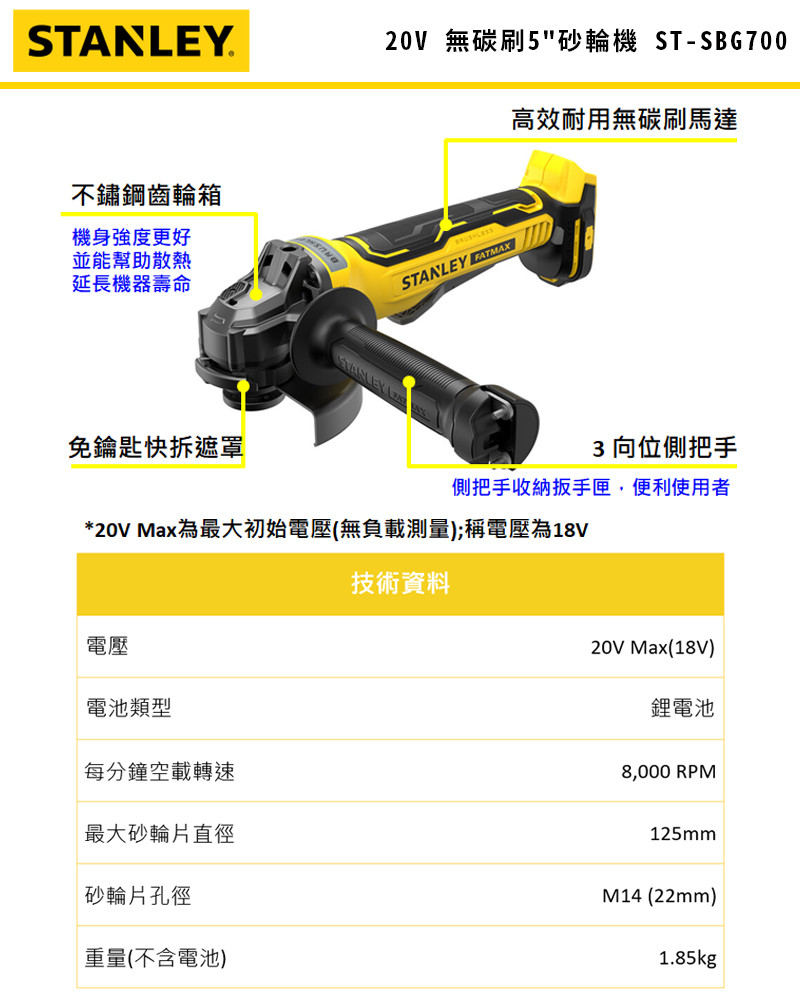 20V 無碳刷5"砂輪機(空機.紙盒版) SBG700