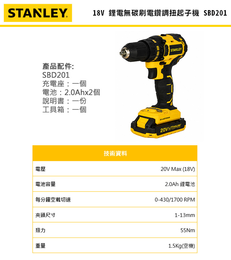 20V 鋰電無碳刷電鑽調扭起子機 SBD201D2K