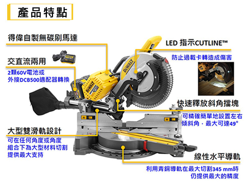 120V 無碳刷雙軌多角度12"斜切鋸(空機+轉換器) DHS790AB