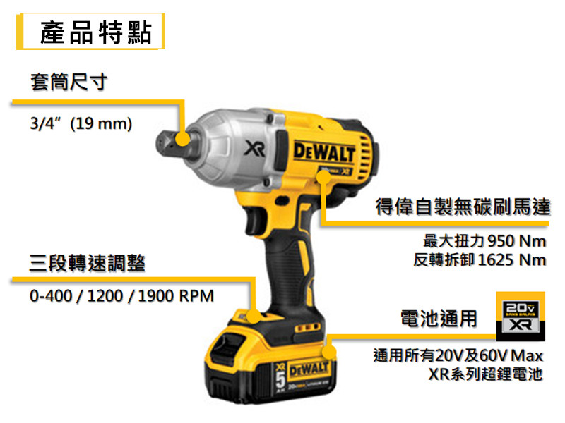 20V 無碳刷6分衝擊扳手(空機) DCF897B