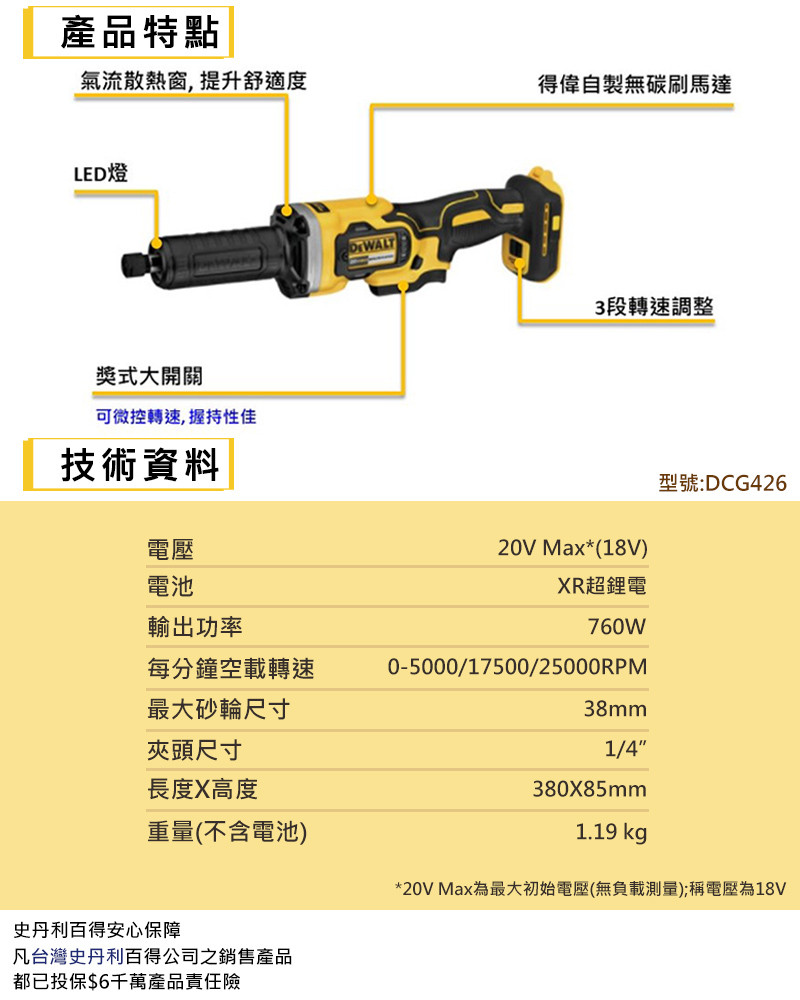 20V Max 無碳刷刻磨機(空機) DCG426B