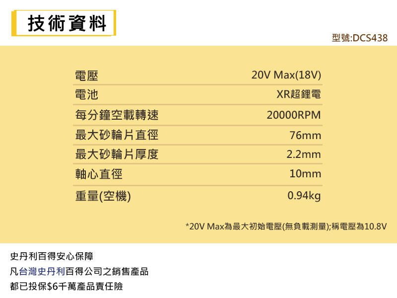 20V Max無碳刷3"切割工具(空機) DCS438N