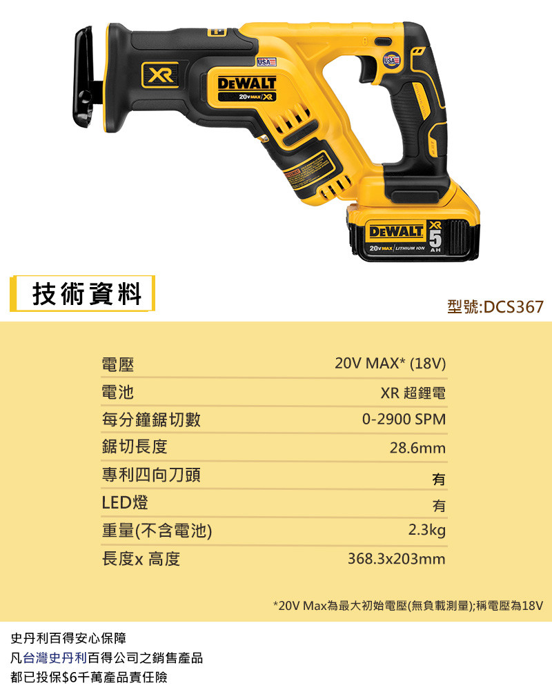 20V 無碳刷緊湊型軍刀鋸(雙電5.0Ah) DCS367P2