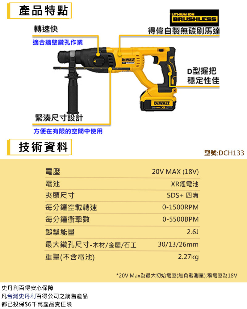 20V無碳刷四溝三用電鎚鑽(空機) DCH133