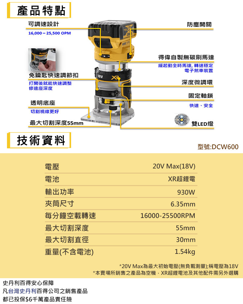 20V MAX無刷式修邊機(空機) DCW600B