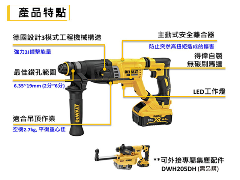 20V 強力型四溝三用電鎚鑽(雙電5.0Ah) DCH263P2