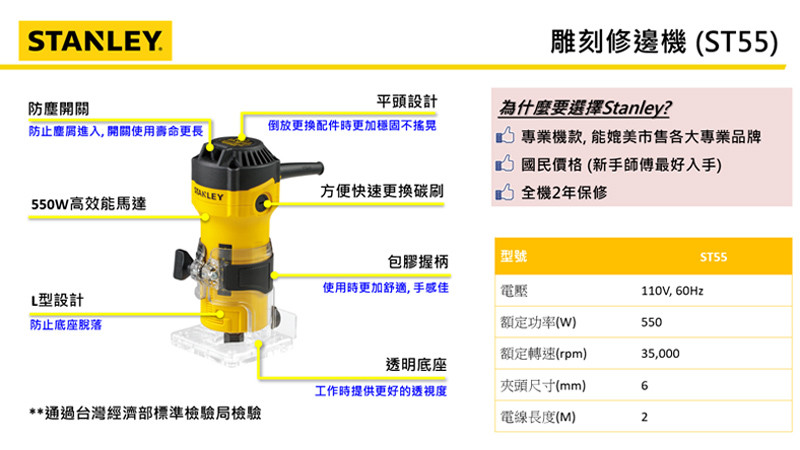 美國 史丹利 STANLEY 550W 修邊機 ST55
