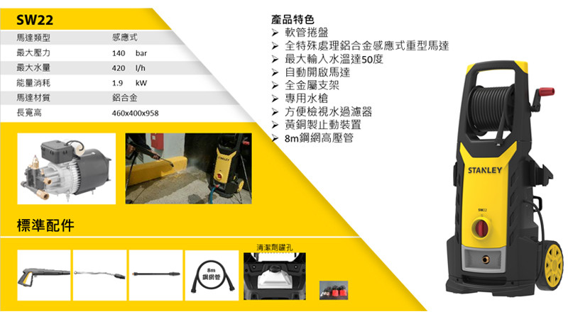 美國 史丹利 STANLEY 140bar 感應式高壓清洗機 SW22