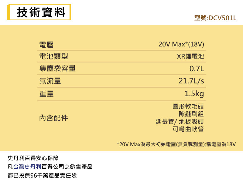 20V 超鋰電手提式吸塵器(空機) DCV501LN