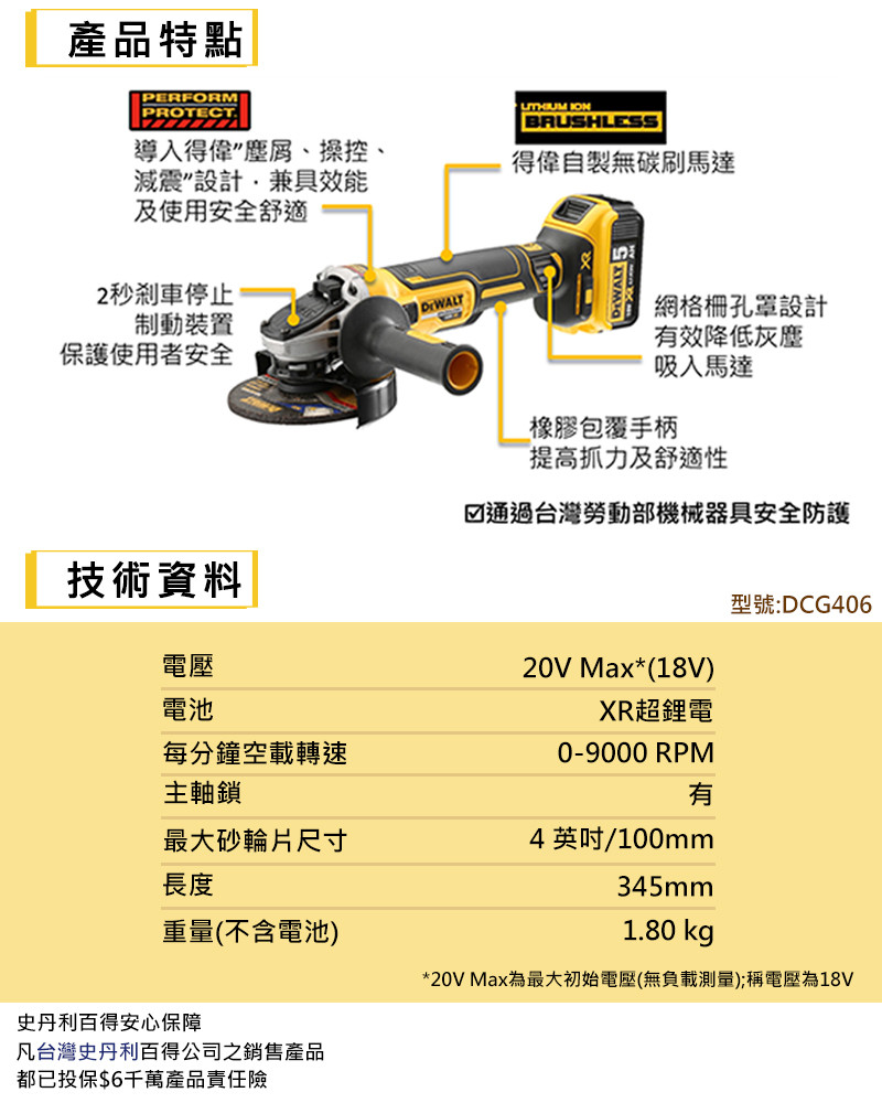 20V XR無碳刷砂輪機-槳式開關(空機) DCG406
