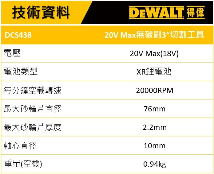 20V 無碳刷3"切割工具(空機) DCS438N