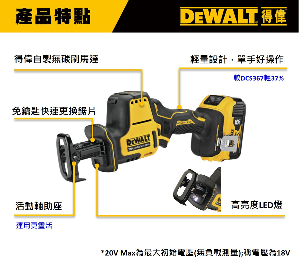 20V 無碳刷直立型軍刀鋸(空機) DCS369N