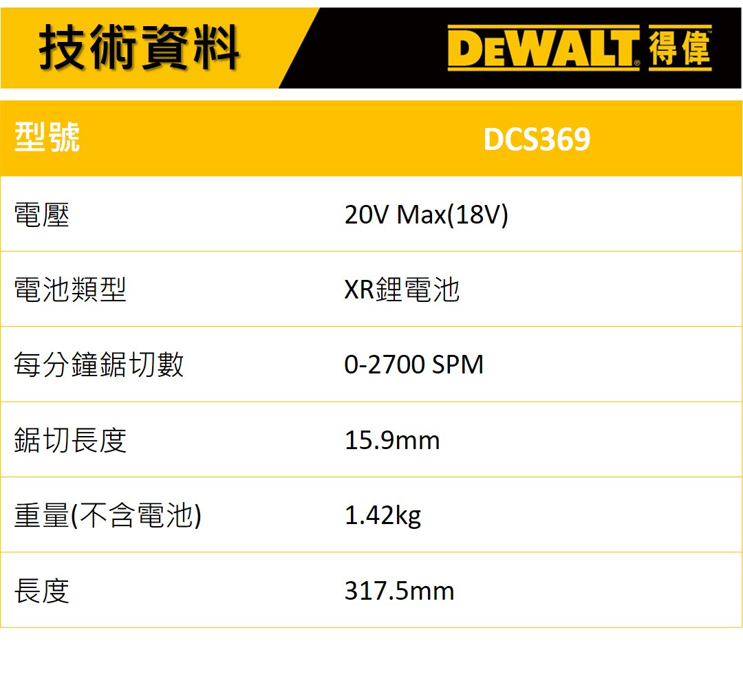 20V 無碳刷直立型軍刀鋸(空機) DCS369N