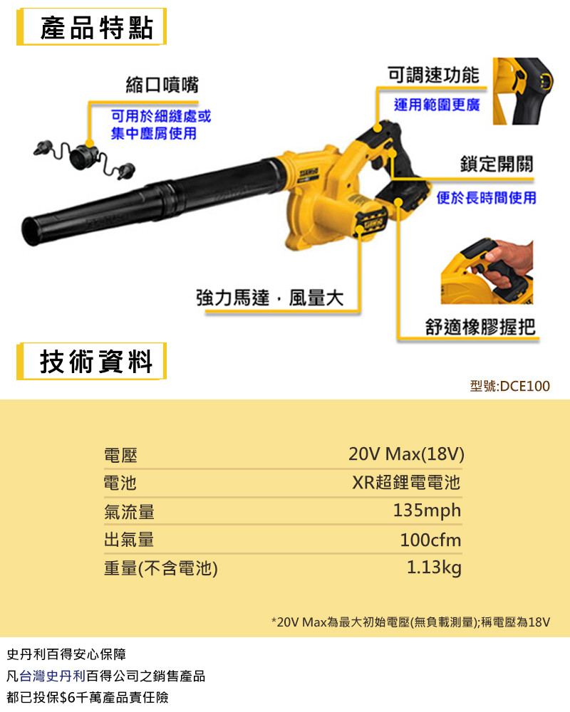 20V  ()鋰電吹風槍(空機) DCE100N