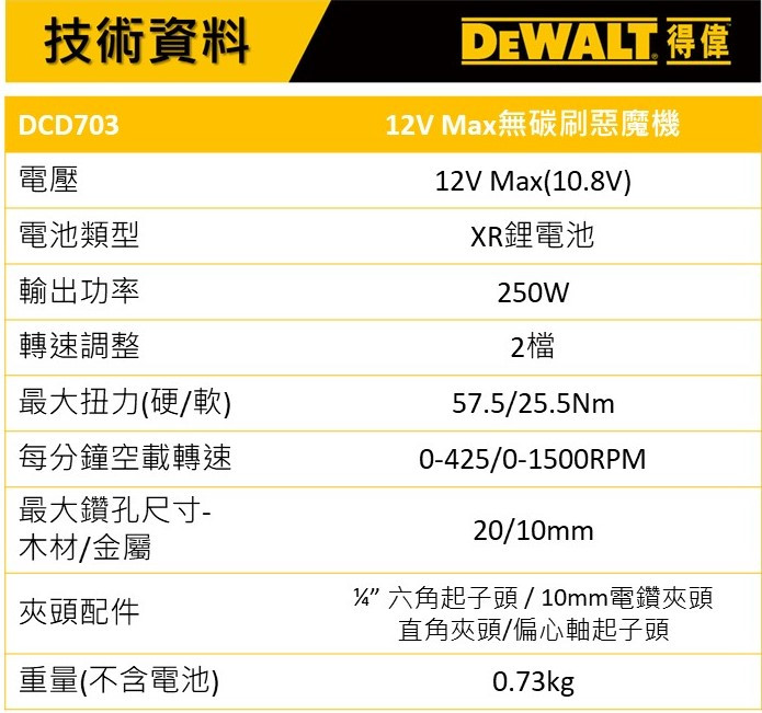 12V無碳刷換頭拆裝起子機(收納袋、空機) DCD703N