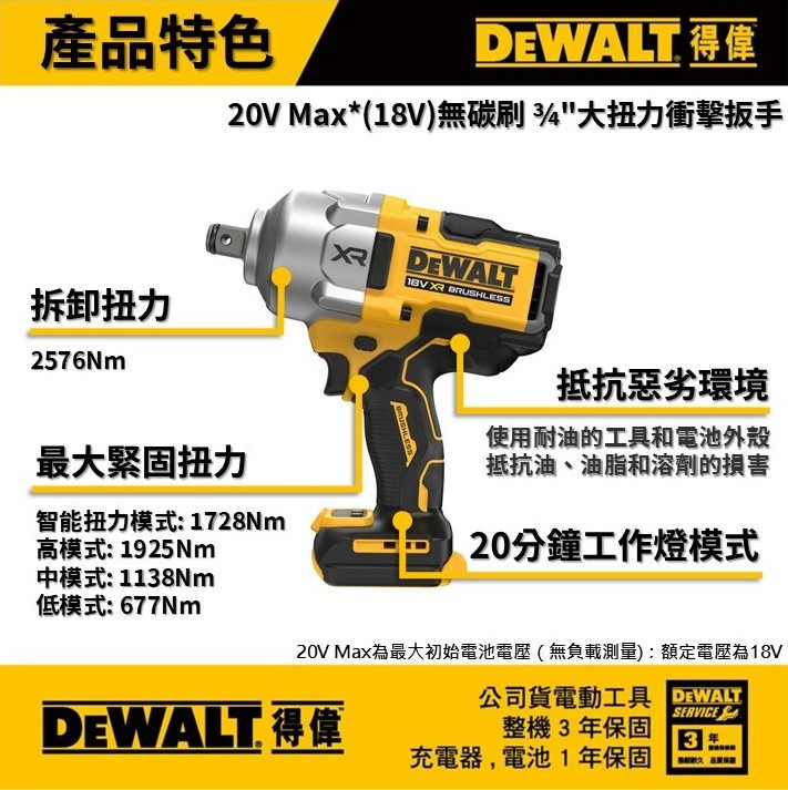 20V 無刷6分大扭力衝擊扳手(空機) DCF964
