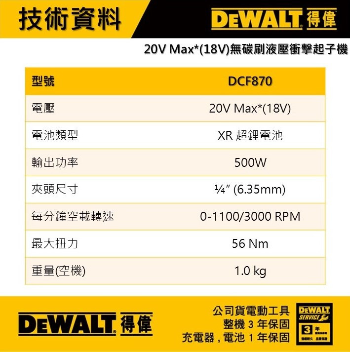 20V 無碳刷液壓衝擊起子機(空機) DCF870N