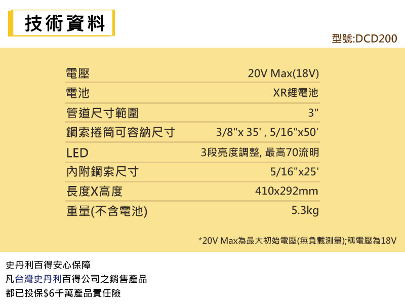 20V Max*(18V) 無碳刷通管機(空機) DCD200B