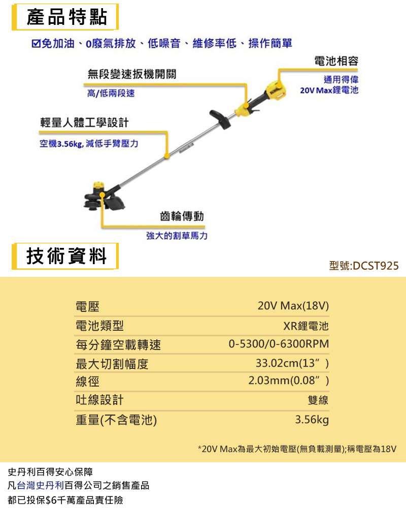 20V 無碳刷13"割草機(空機) DCST925B