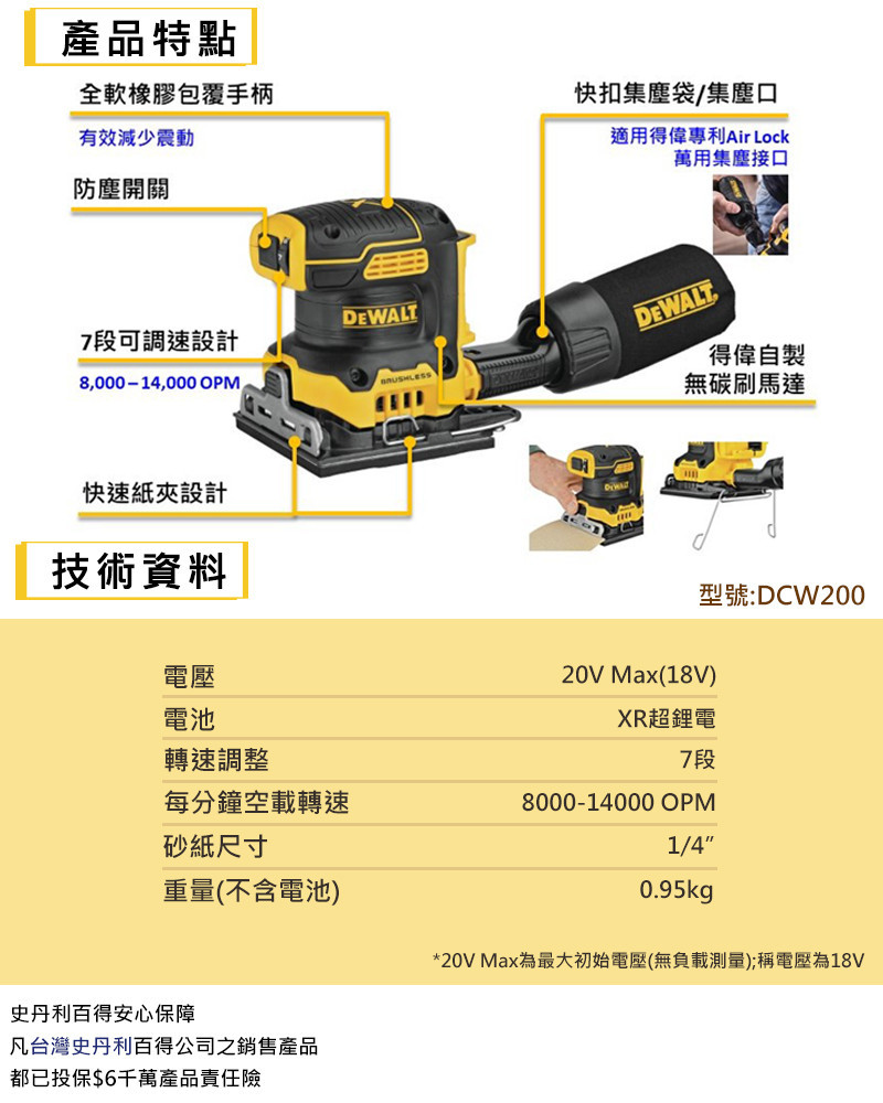 20V  無碳刷1/4砂磨機(空機) DCW200B