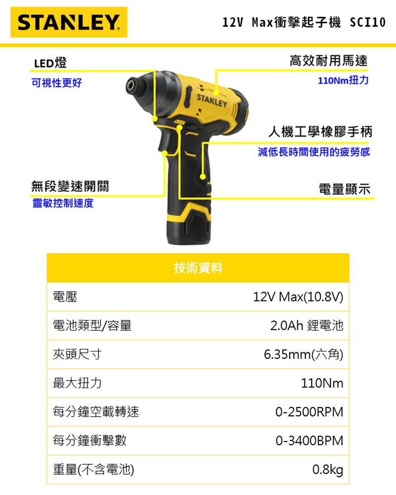 12V 衝擊起子機(雙電2.0Ah) SCI10D2K