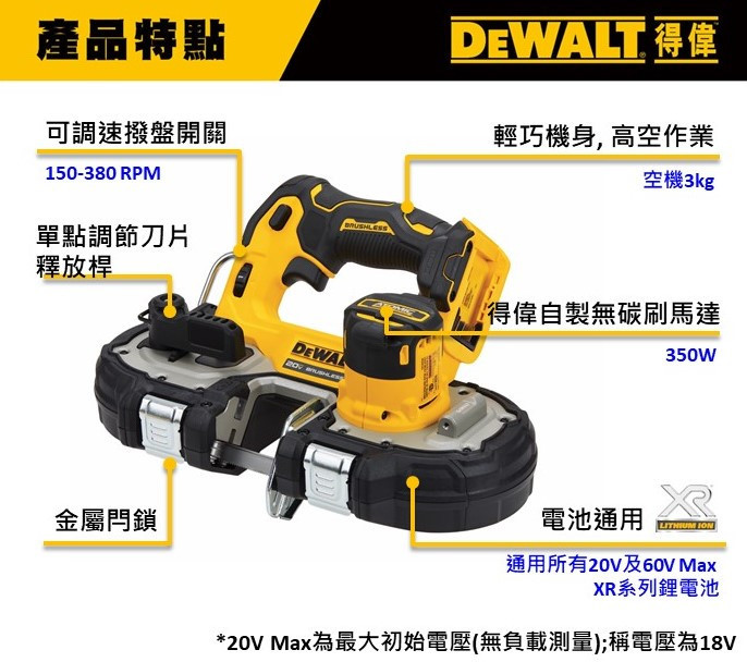 20V 無碳刷1-3/4"帶鋸機 (空機.紙盒) DCS377B