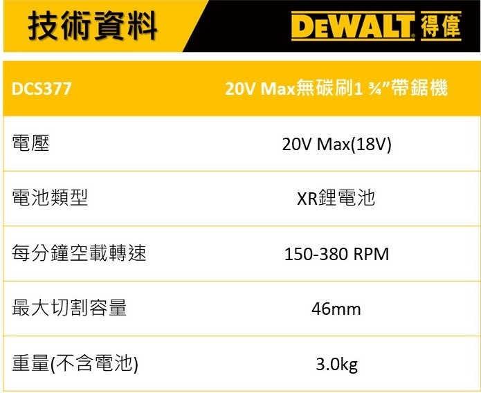 20V 無碳刷1-3/4"帶鋸機 (空機.紙盒) DCS377B